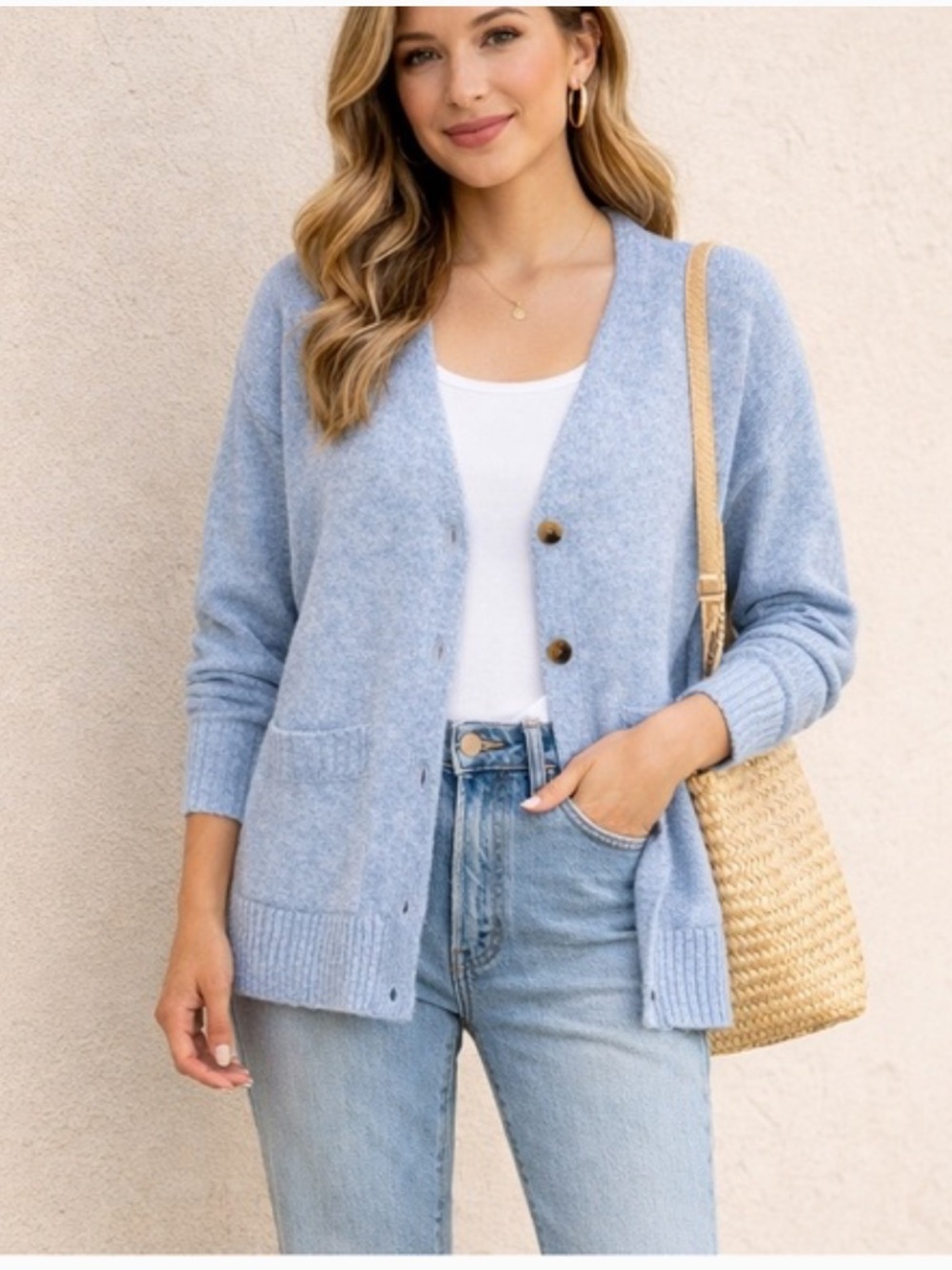 Ella Moss Light Blue V-Neck Button Front Cardigan